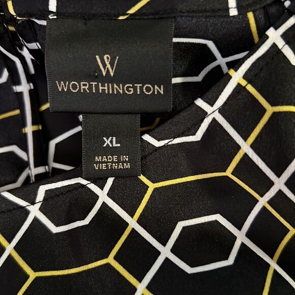 Worthington Womens Short Sleeve Black Yellow White Geometric Blouse Top XL - Picture 14 of 14